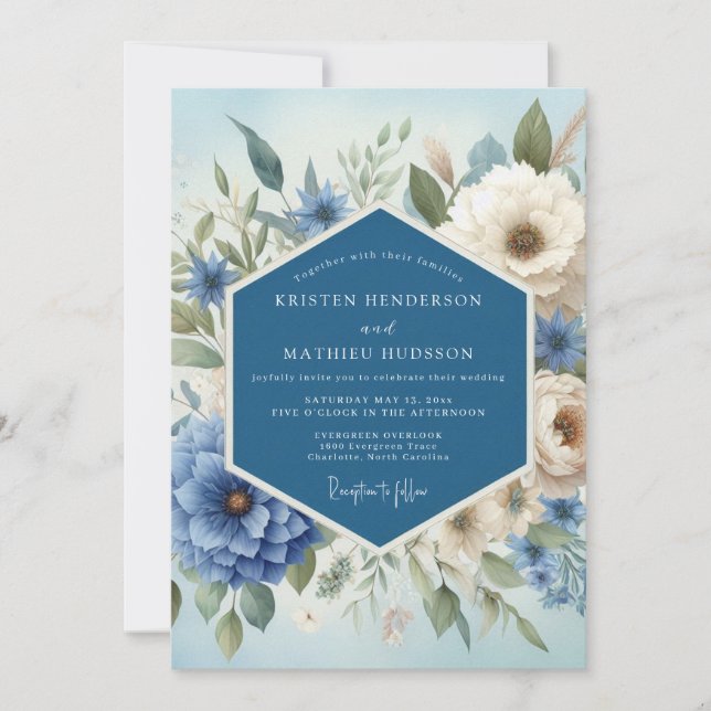 Convite Casamento Romântico Marfim Campainha Azul (Frente)