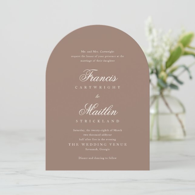 Convite Casamento Romântico Marrom Elegante (Em pé/Frente)