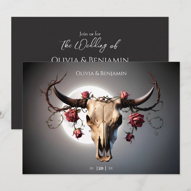 Convite Casamento Romântico Medieval do Crânio de Vaca (Frente/Verso)
