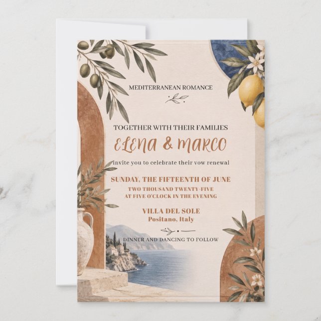 Convite Casamento Romântico Mediterrâneo (Frente)
