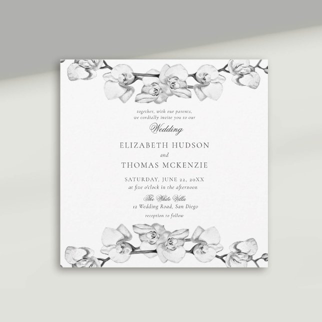 Convite Casamento Romântico Moderno com Arte de Orquídeas  (white orchid wedding invitation modern classic art sketch black white)