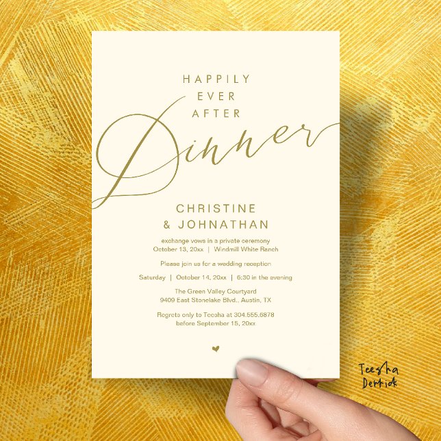 Convite Casamento Romântico Moderno Jantar Felizes para Se (Modern Romantic Wedding Happily Ever After reception Dinner Invitation card in Yellow Gold)