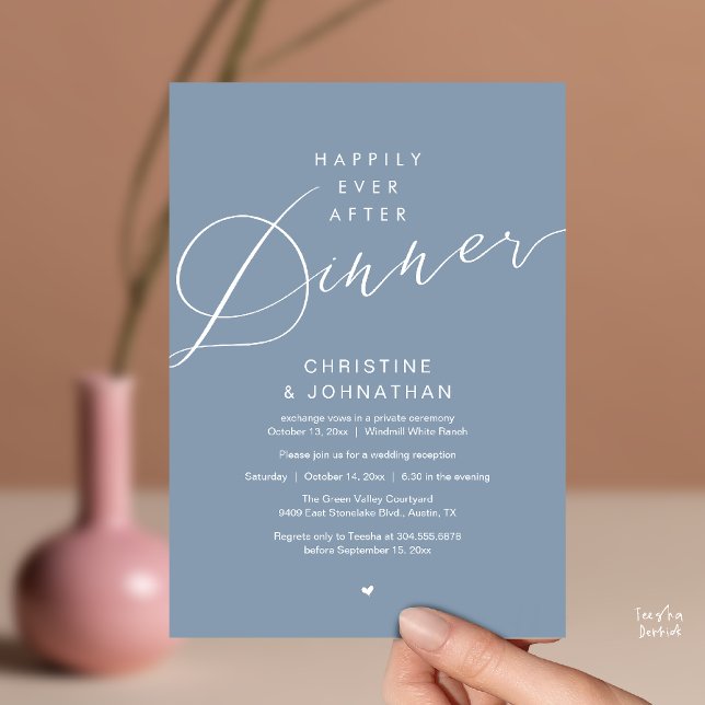 Convite Casamento Romântico Moderno Jantar Felizes para Se (Modern Romantic Wedding Happily Ever After reception Dinner Invitation card in Dusty Blue)