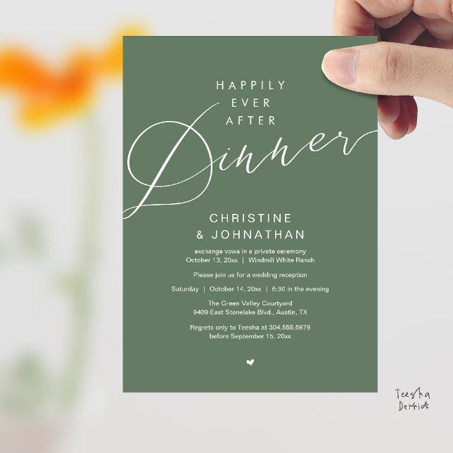 Convite Casamento Romântico Moderno Jantar Felizes para Se (Modern Romantic Wedding Happily Ever After reception Dinner Invitation card in Sage Green)