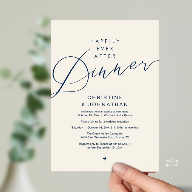 Convite Casamento Romântico Moderno Jantar Felizes para Se (Modern Romantic Wedding Happily Ever After reception Dinner Invitation card in Navy Blue Ivory)