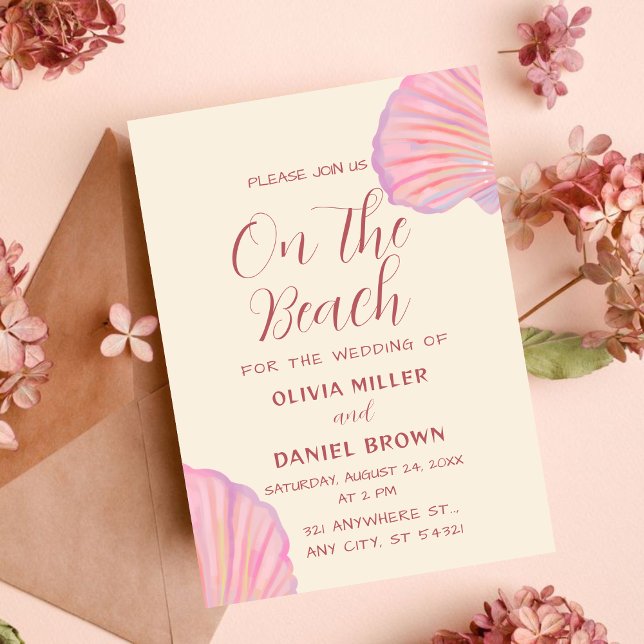 Convite Casamento Romântico na Praia com Conchas Rosa (Criador carregado)
