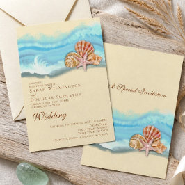 Convite Casamento Romântico na Praia com Onda do Oceano Az