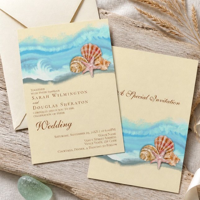 Convite Casamento Romântico na Praia com Onda do Oceano Az (Criador carregado)