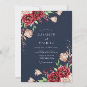 Convite Casamento Romântico Navy Bloom