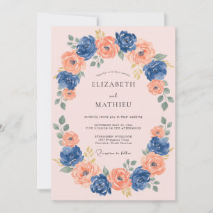 Convite Casamento Romântico Navy Coral Blossom