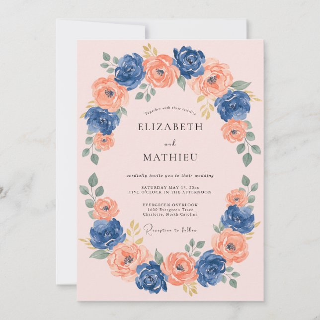 Convite Casamento Romântico Navy Coral Blossom (Frente)
