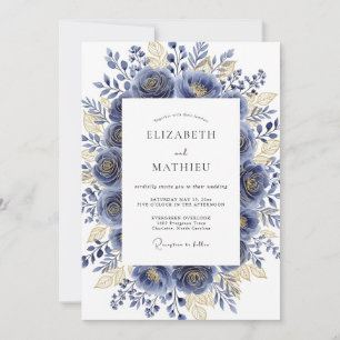 Convite Casamento Romântico Navy Gilded Bloom