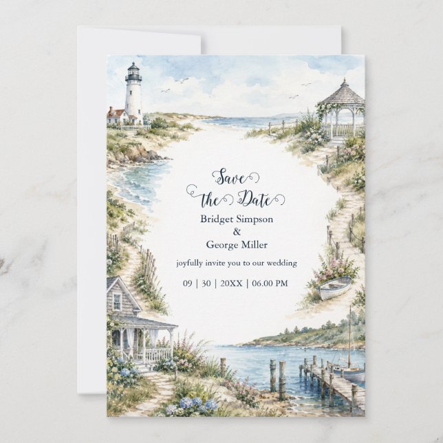 Convite casamento romântico no farol da Nova Inglaterra co (Frente)