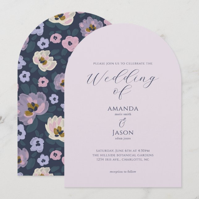 Convite Casamento romântico no jardim com flores azuis e r (Frente/Verso)