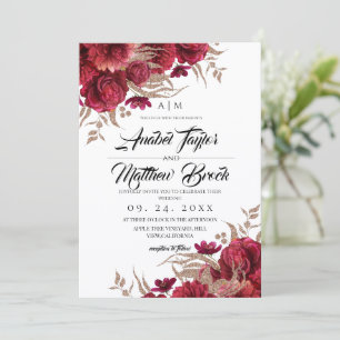 Convite Casamento romântico no jardim com flores em burgun