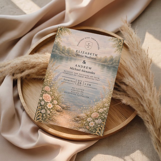 Convite Casamento Romântico no Lago com Floresta de Flores (Criador carregado)