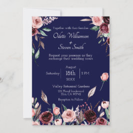 Convite Casamento Romântico no País de Burgundy Blush e Az