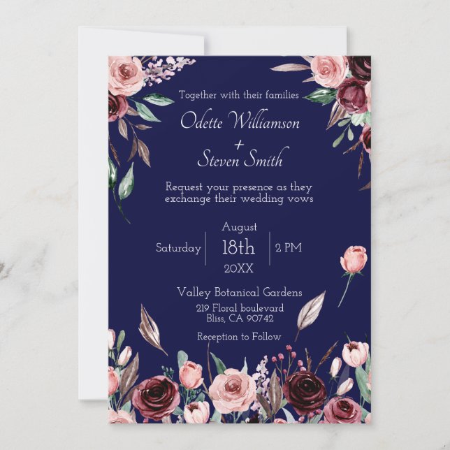 Convite Casamento Romântico no País de Burgundy Blush e Az (Frente)