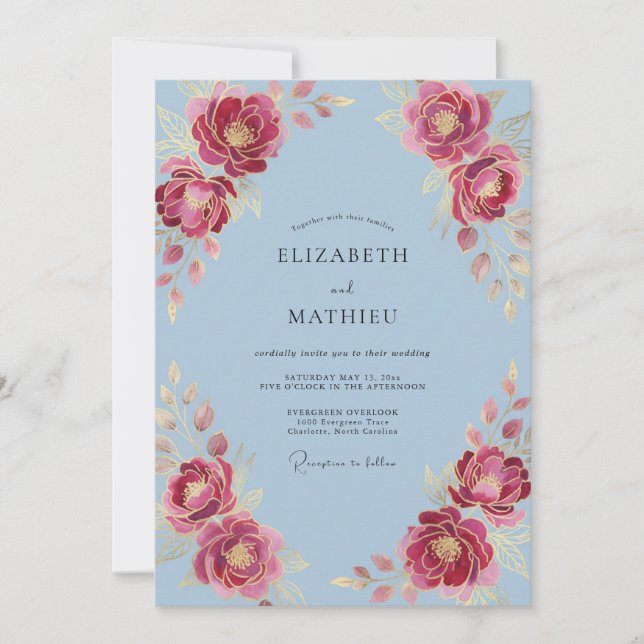 Convite Casamento Romântico Opulento Azul Céu (Frente)