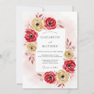 Convite Casamento Romântico Outonal Dourado Vermelho
