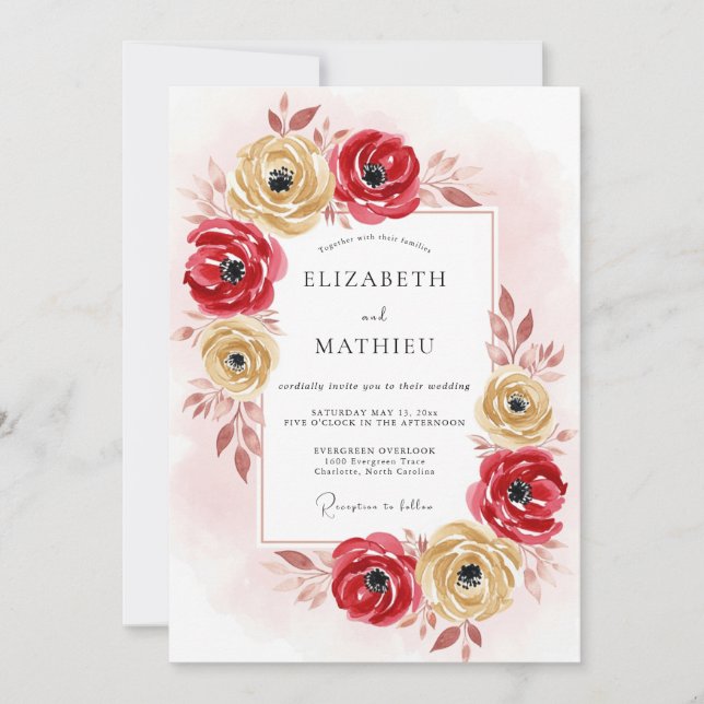 Convite Casamento Romântico Outonal Dourado Vermelho (Frente)