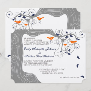 Convite Casamento Romântico Pássaros de Amor Árvore Laranj