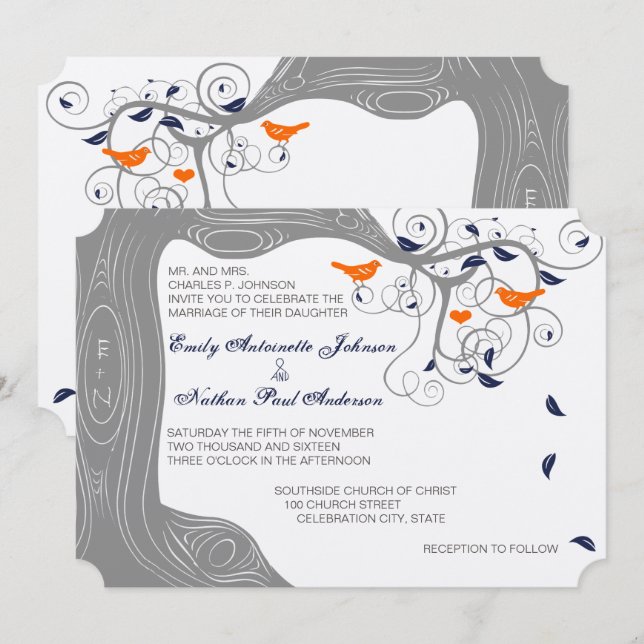 Convite Casamento Romântico Pássaros de Amor Árvore Laranj (Frente/Verso)