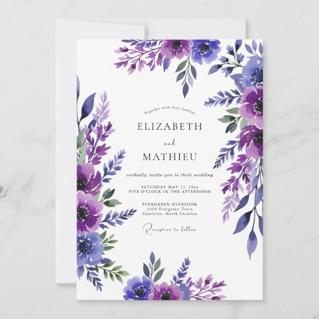 Convite Casamento Romântico Pintado de Roxo (Frente)
