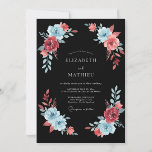 Convite Casamento Romântico Pintado em Azul Coral