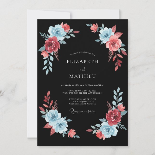 Convite Casamento Romântico Pintado em Azul Coral (Frente)