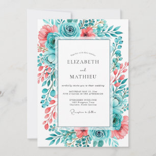Convite Casamento Romântico Pintado em Coral Teal