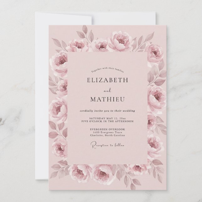 Convite Casamento Romântico Pintado em Rosa Desbotado (Frente)