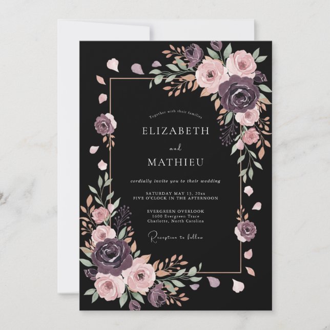 Convite Casamento Romântico Preto à Meia-Noite (Frente)