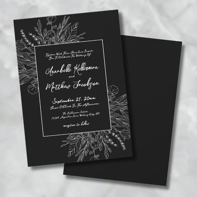 Convite Casamento Romântico Preto Branco Botânico Elegante (Romantic Black White Botanical Elegant Wedding Invitation)