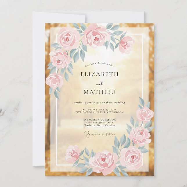 Convite Casamento Romântico Radiante Dourado (Frente)