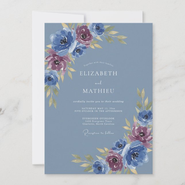 Convite Casamento Romântico Redemoinho de Rosa Azul (Frente)