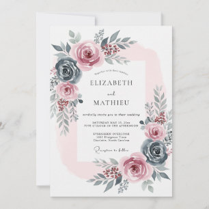 Convite Casamento Romântico Rosa Azul Ardósia
