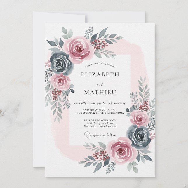 Convite Casamento Romântico Rosa Azul Ardósia (Frente)