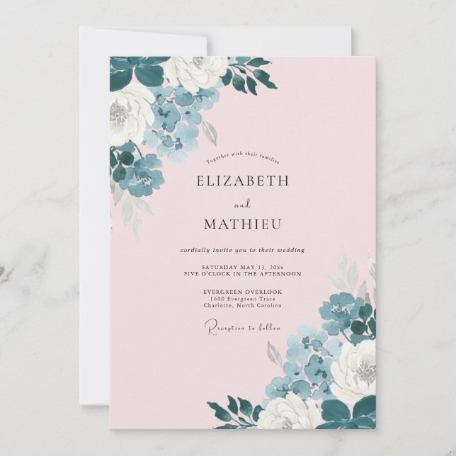Convite Casamento Romântico Rosa Corado Azul Poento (Frente)