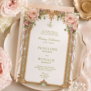 Convite Casamento Romântico Rosa Dourado