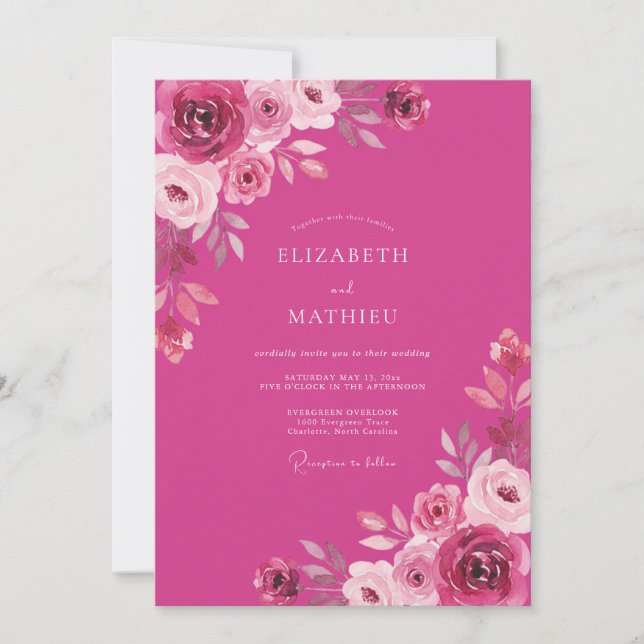 Convite Casamento Romântico Rosa Luxuriante Magenta (Frente)