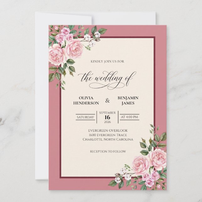 Convite Casamento Romântico Rosa Malva (Frente)