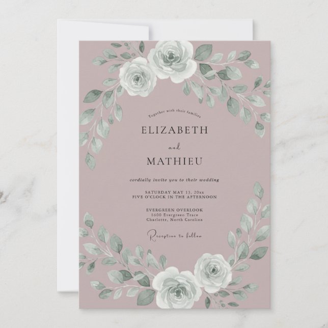 Convite Casamento Romântico Rosa Prateada Malva (Frente)