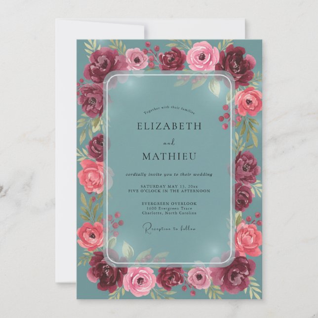Convite Casamento Romântico Rosa Teal (Frente)