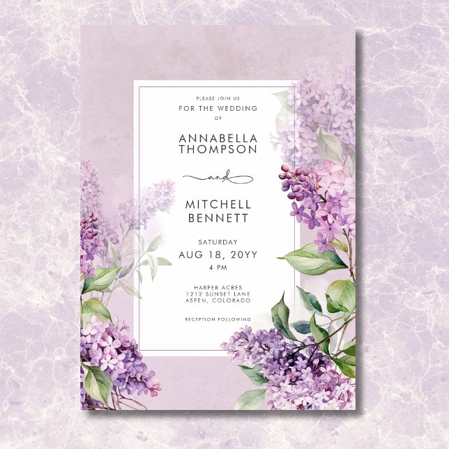 Convite Casamento Romântico Roxo e Sage Lilacs Moderno (Modern Romantic Purple & Sage Lilacs Wedding Invitation)