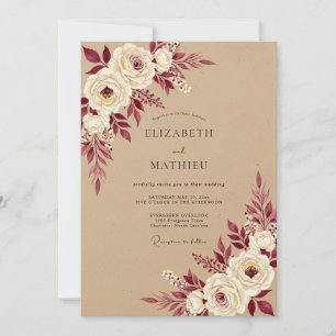 Convite Casamento Romântico Rústico com Floral Borgonha