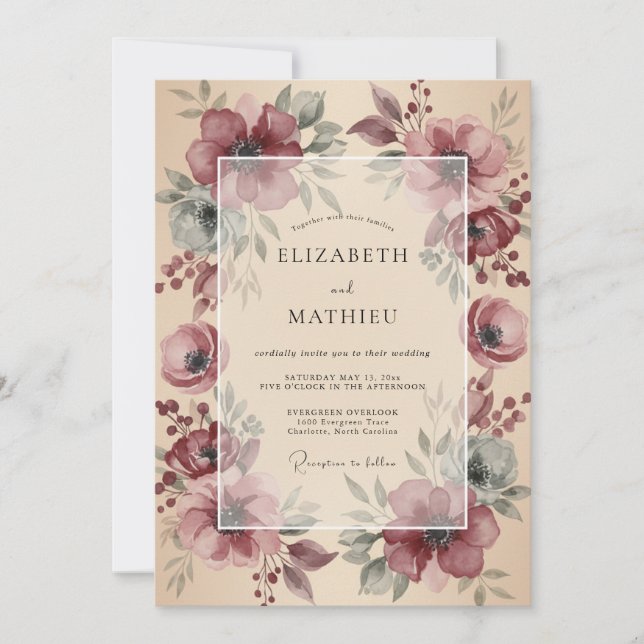 Convite Casamento Romântico Rústico com Floral Marrom (Frente)
