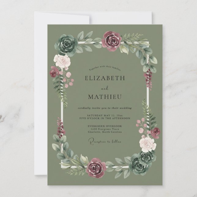 Convite Casamento Romântico Sage Flourish (Frente)