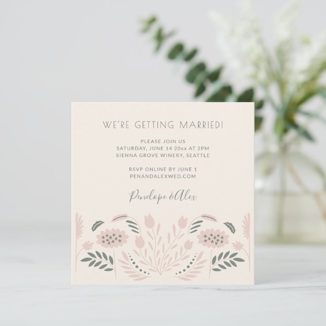 Convite Casamento Romântico Scandi Folk Flores Pink Sage (Em pé/Frente)