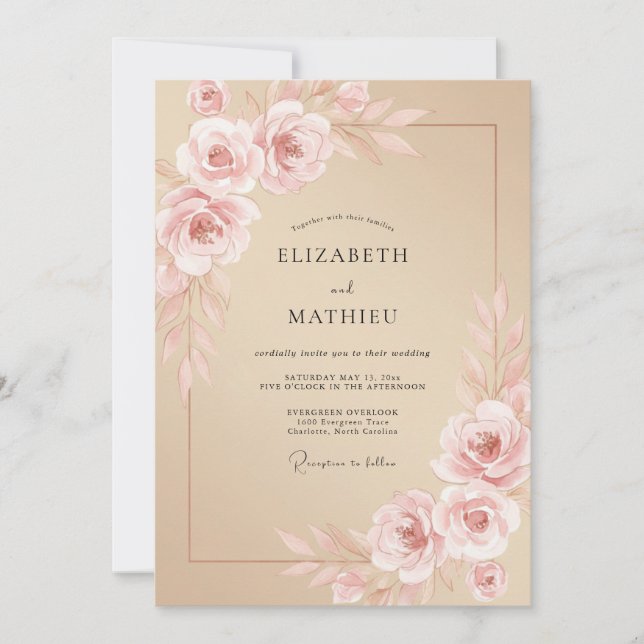 Convite Casamento Romântico Sereno Bege Rosa (Frente)
